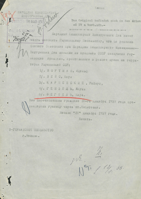 Namensliste von sechs aus der UdSSR ausgewiesenen Personen deutscher Staatsbürgerschaft 1937/38. Sechster Name: Karl Vögtel