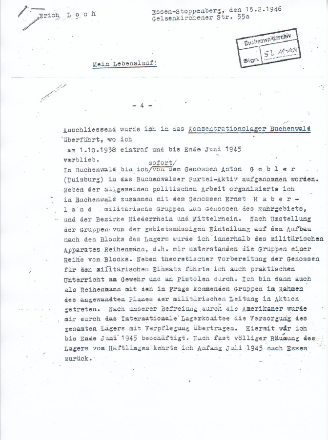 Auszug aus dem Lebenslauf von Erich Loch, 15.02.1946