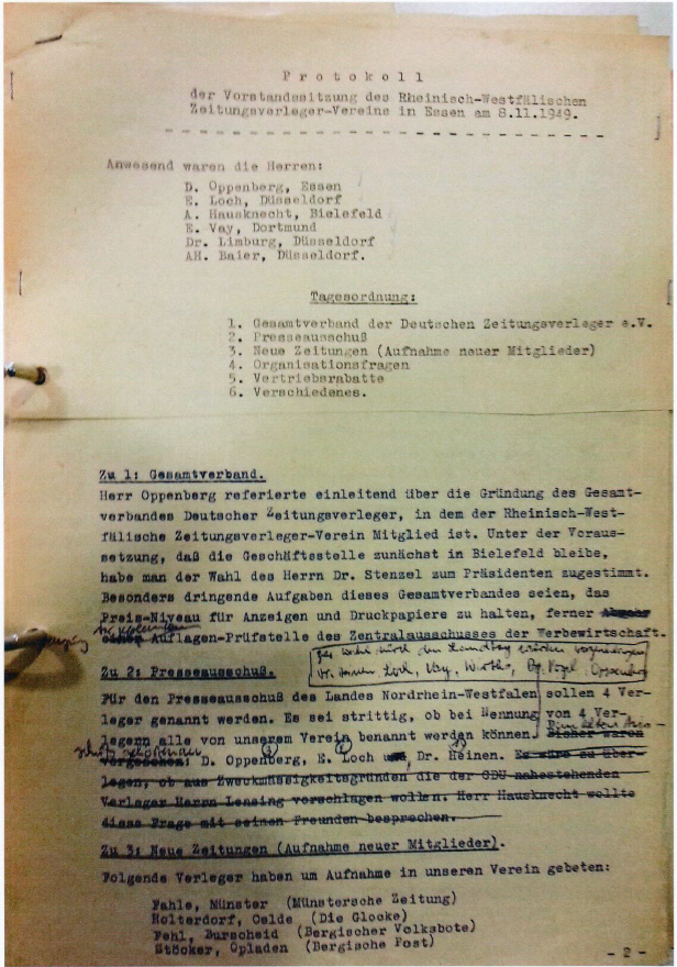 Die erste Seite des Protokolls der Vorstandssitzung des Rheinisch-Westfälischen Zeitungsverleger-Vereins vom 8.11.1949